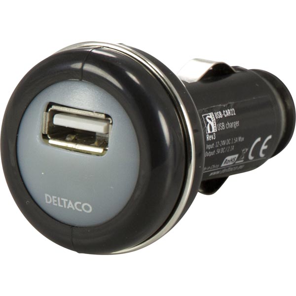 Deltaco USB laturi autoon, USB A naaras, 2.1A, musta